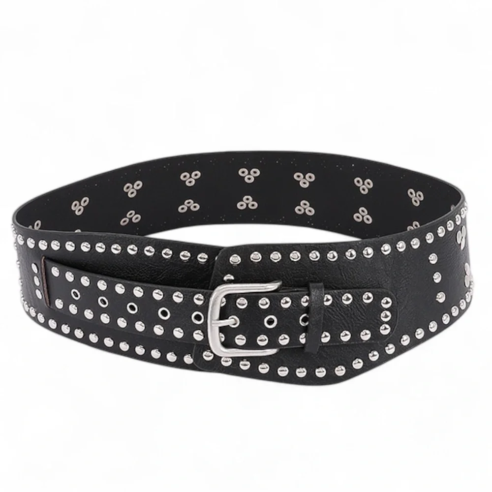 Vegan Leather Studded Statement Belt - Black, Brown, White
